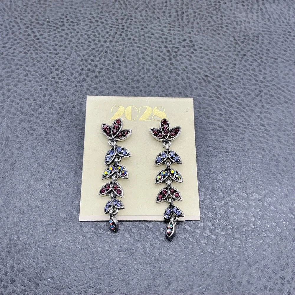 2028 Leaf‎ Vine Dangle Earrings Silver Tone Multicolor Rhinestone Womens 2 Inch